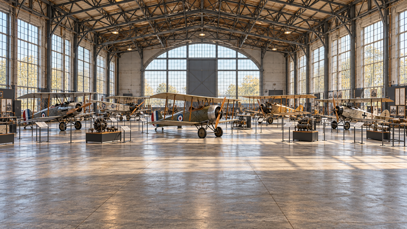 Überblick über ein Luftfahrtmuseum mit historischen Doppeldeckern