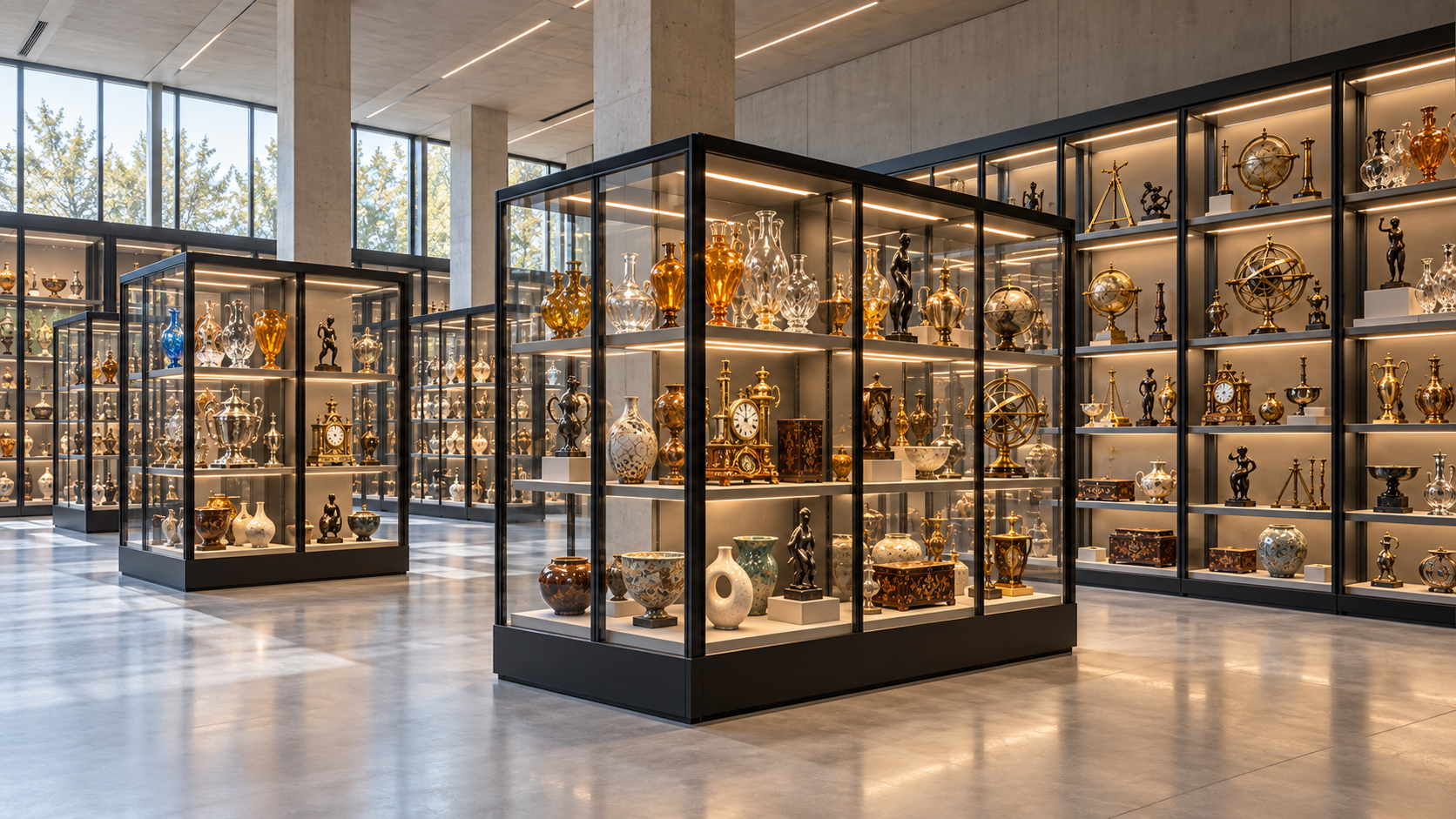 Modernes Schaudepot mit Glasobjekten, Keramik und historischen Instrumenten